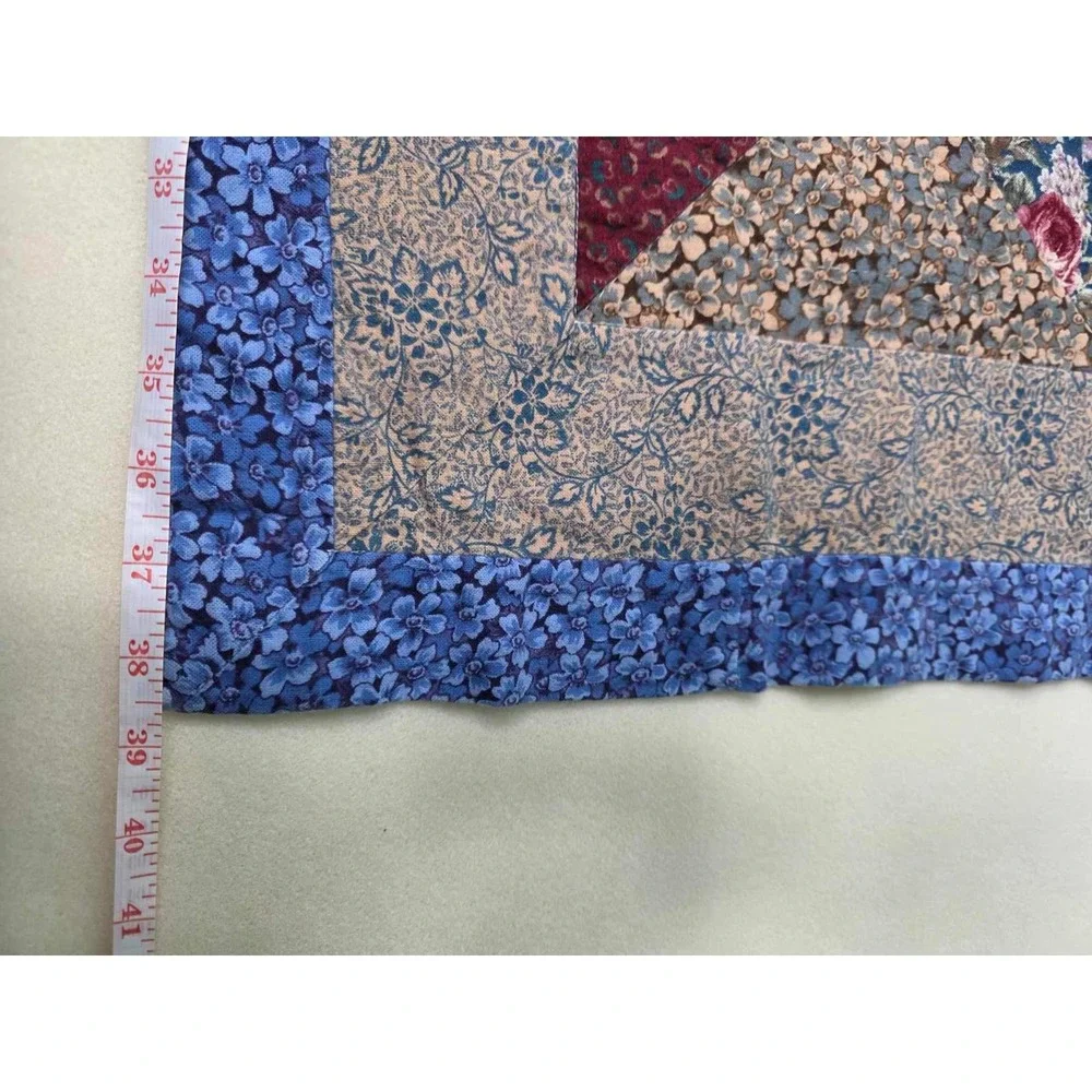 Vintage Handmade Patchwork Floral Quilt Blue Burgundy Cottagecore Throw 46x38